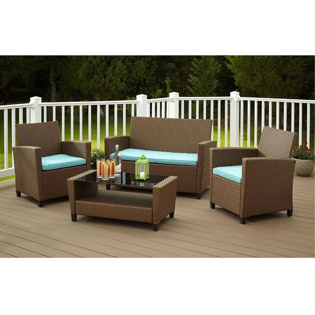4-Piece Outdoor Patio Furniture Set in Brown Wicker Resin with Teal Cushions