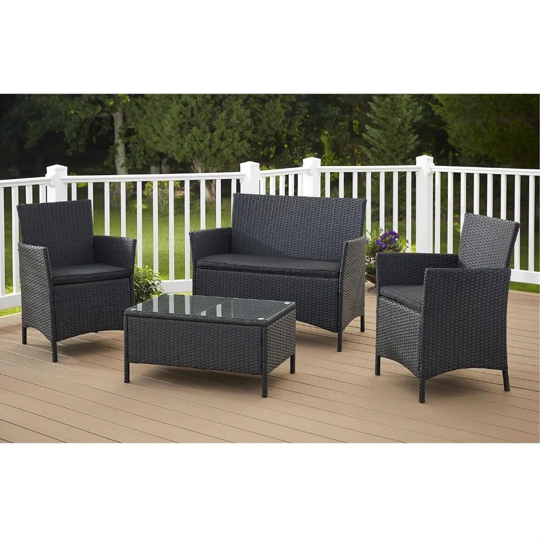 4-Piece Patio Furniture Set in Outdoor Resin Wicker with Black Cushions