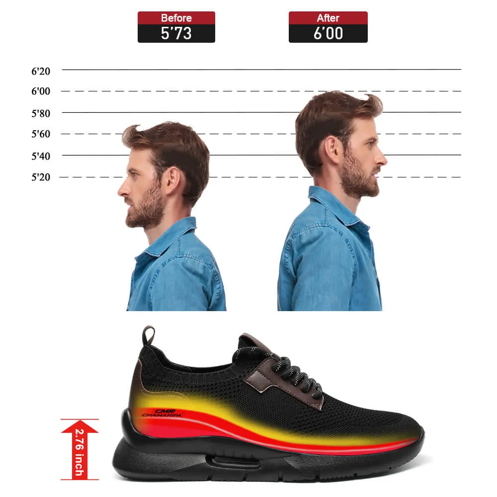 7CM/2.76Inches CMR CHAMARIPA Black Knit Fabric Elevator Sneakers for Men - Elevate Your Outdoor Casual Style