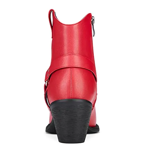 Aachcol Women Ankle Boots Short Bootie Square Toe Low Kitten Chunky Block Heel Western Cowboy Cowgirl Matte Zipper Dress Shoes Red 2.5 Inch