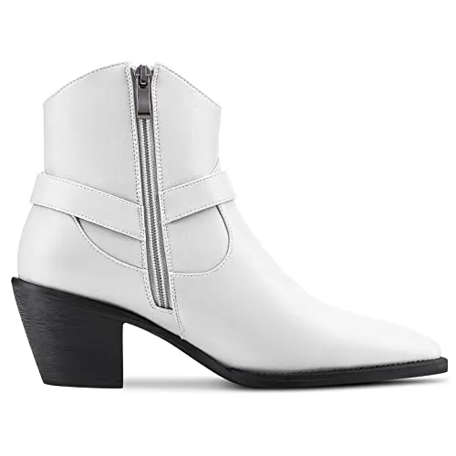 Aachcol Women Ankle Boots Short Bootie Square Toe Low Kitten Chunky Block Heel Western Cowboy Cowgirl Matte Zipper Dress Shoes White 2.5 Inch