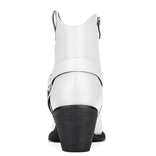 Aachcol Women Ankle Boots Short Bootie Square Toe Low Kitten Chunky Block Heel Western Cowboy Cowgirl Matte Zipper Dress Shoes White 2.5 Inch