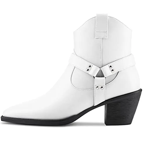 Aachcol Women Ankle Boots Short Bootie Square Toe Low Kitten Chunky Block Heel Western Cowboy Cowgirl Matte Zipper Dress Shoes White 2.5 Inch