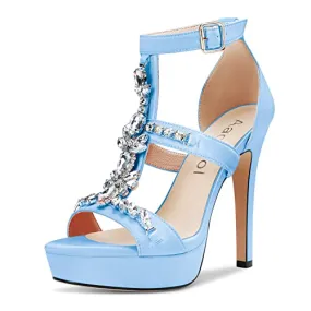 Aachcol Women Platform Stiletto High Heel Roman Sandals Ankle Strap Slingback Round Peep Open Toe Dress Shoes Office Party Wedding Satin 5 Inch, Sky Blue