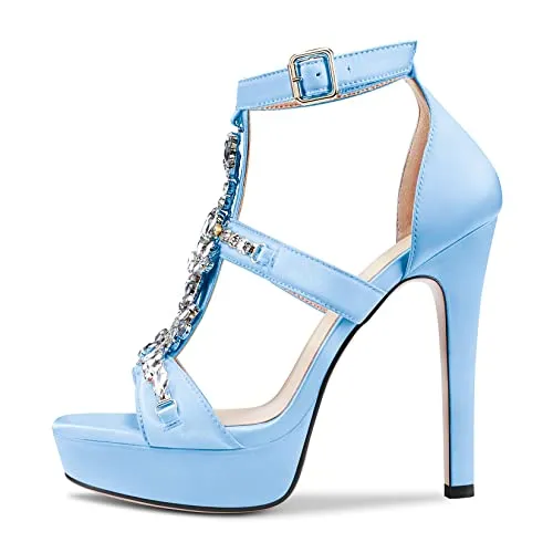 Aachcol Women Platform Stiletto High Heel Roman Sandals Ankle Strap Slingback Round Peep Open Toe Dress Shoes Office Party Wedding Satin 5 Inch, Sky Blue
