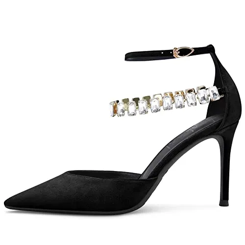 Aachcol Women Sexy Ankle Strap Stiletto High Heel Pumps Pointed Toe Dress Shoes Party Wedding Suede Black 3 Inch
