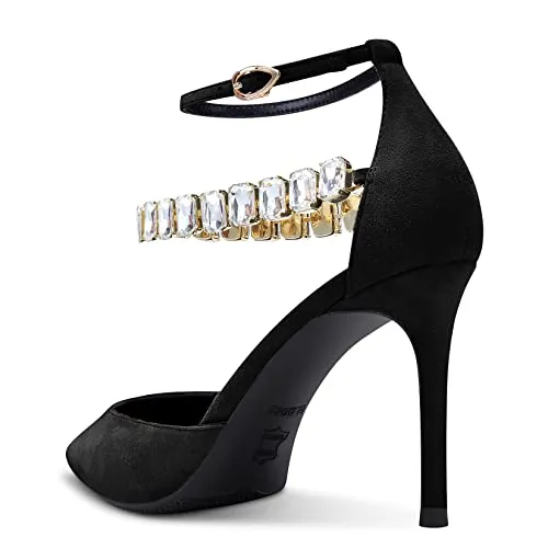 Aachcol Women Sexy Ankle Strap Stiletto High Heel Pumps Pointed Toe Dress Shoes Party Wedding Suede Black 3 Inch