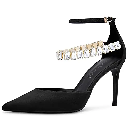 Aachcol Women Sexy Ankle Strap Stiletto High Heel Pumps Pointed Toe Dress Shoes Party Wedding Suede Black 3 Inch