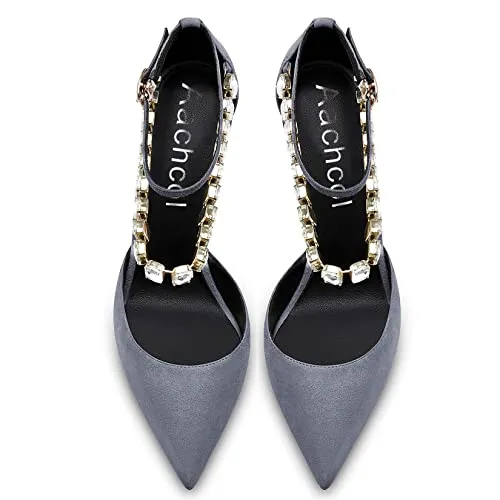 Aachcol Women Sexy Ankle Strap Stiletto High Heel Pumps Pointed Toe Dress Shoes Party Wedding Suede Grey 3 Inch