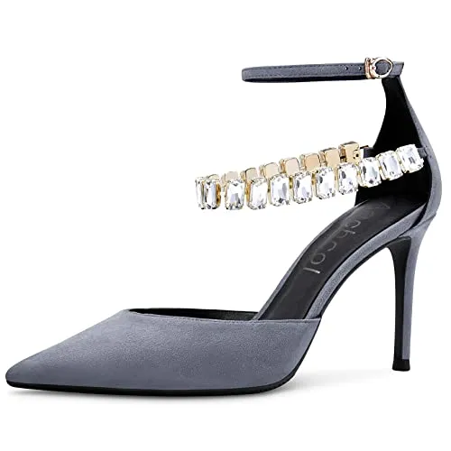Aachcol Women Sexy Ankle Strap Stiletto High Heel Pumps Pointed Toe Dress Shoes Party Wedding Suede Grey 3 Inch