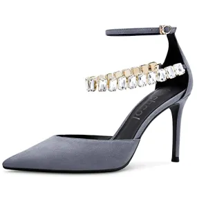 Aachcol Women Sexy Ankle Strap Stiletto High Heel Pumps Pointed Toe Dress Shoes Party Wedding Suede Grey 3 Inch