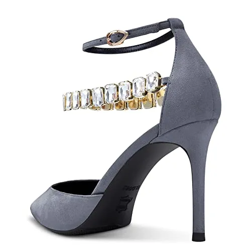 Aachcol Women Sexy Ankle Strap Stiletto High Heel Pumps Pointed Toe Dress Shoes Party Wedding Suede Grey 3 Inch