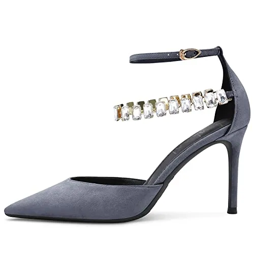 Aachcol Women Sexy Ankle Strap Stiletto High Heel Pumps Pointed Toe Dress Shoes Party Wedding Suede Grey 3 Inch