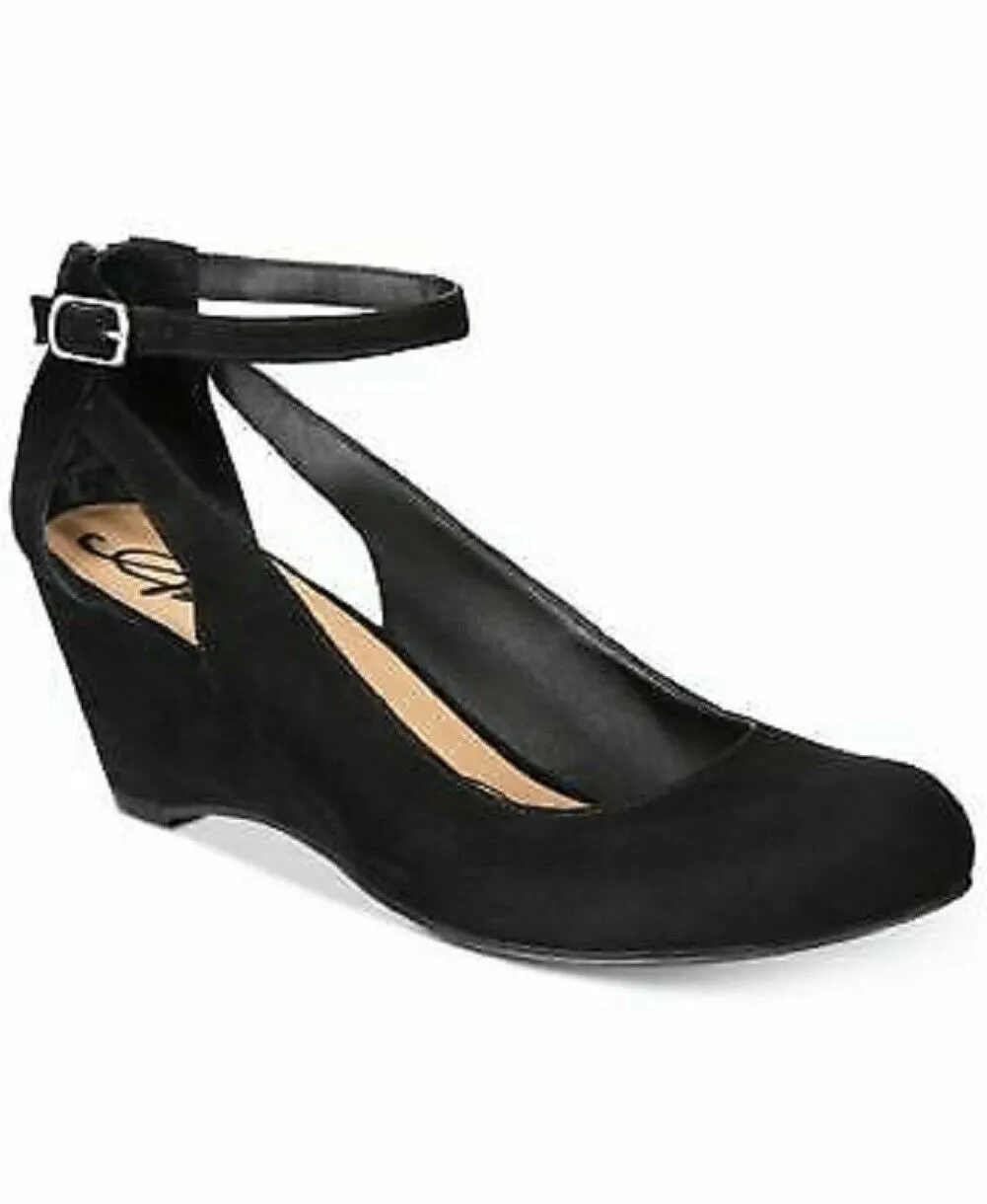 American Rag CIE Women Amiley Black Suede Chop Out Wedges Ankle Strap Shoes 6 M