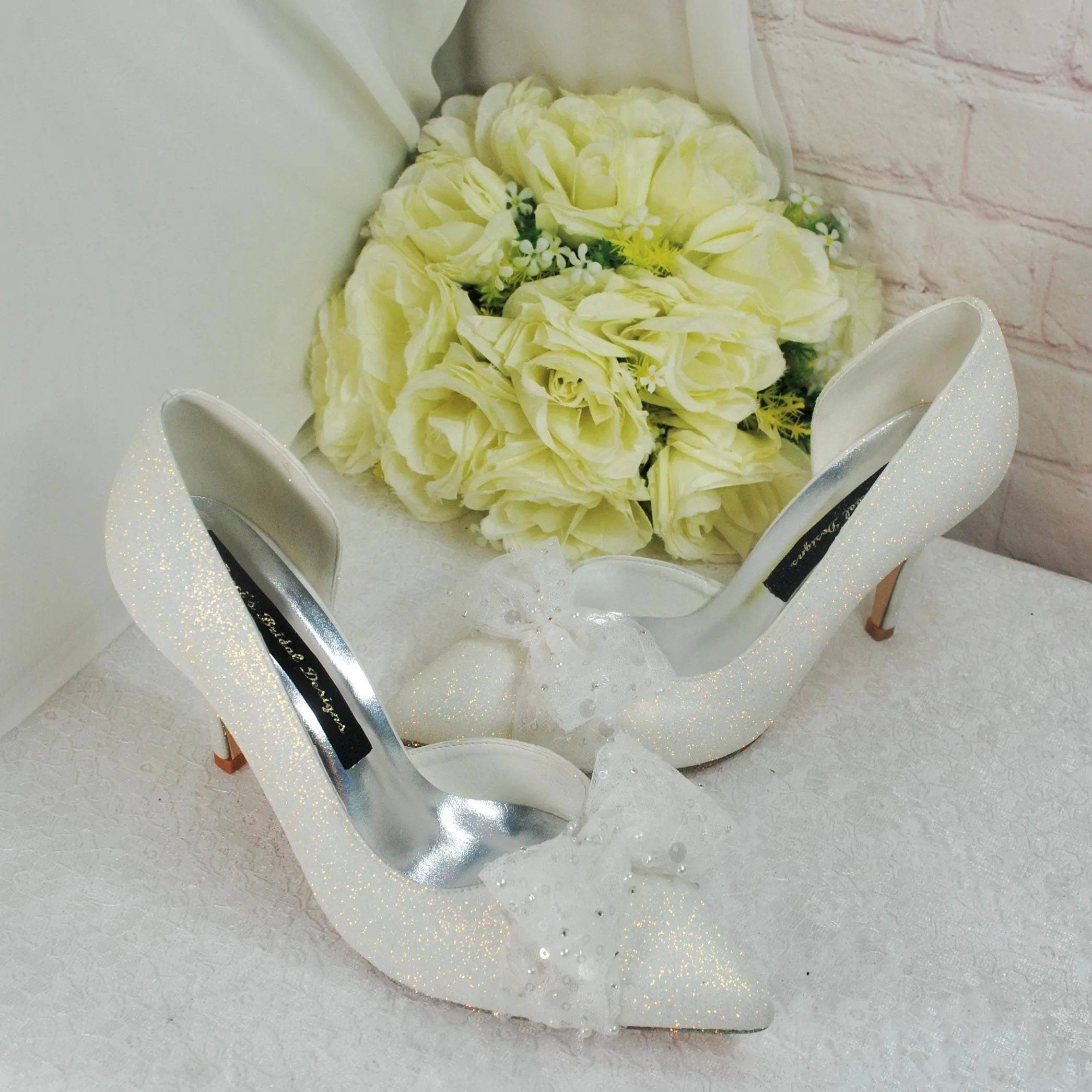 Beautiful Ivory Shimmer Wedding Shoes with Bow, Embellished Bridal Shoes, Wedding Heels for Bride, D'Orsay Wedding Heels with Bow