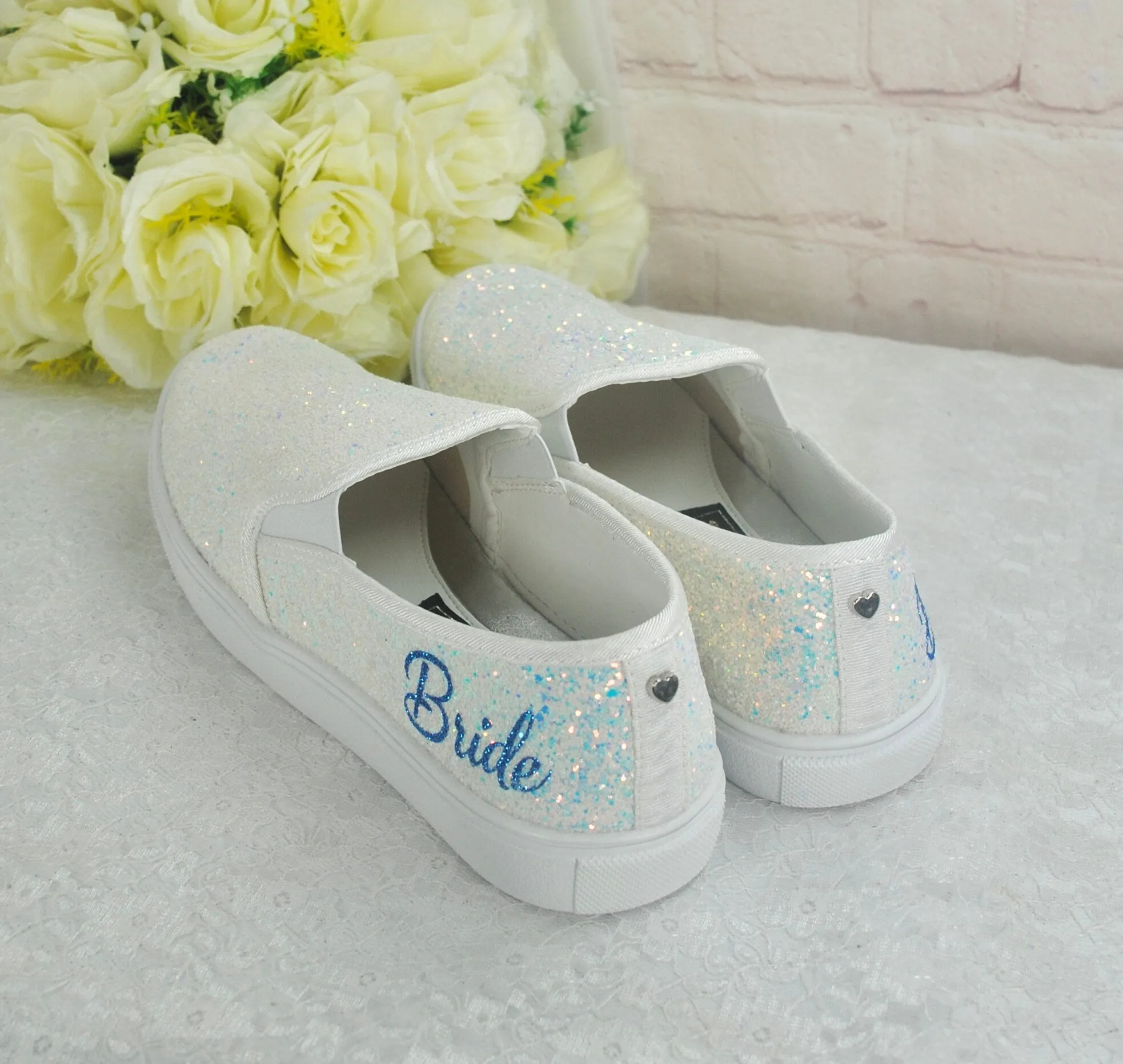 Beautiful White Glitter Bridal Shoes - Flat Wedding Trainers / Sneakers