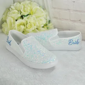 Beautiful White Glitter Bridal Shoes - Flat Wedding Trainers / Sneakers
