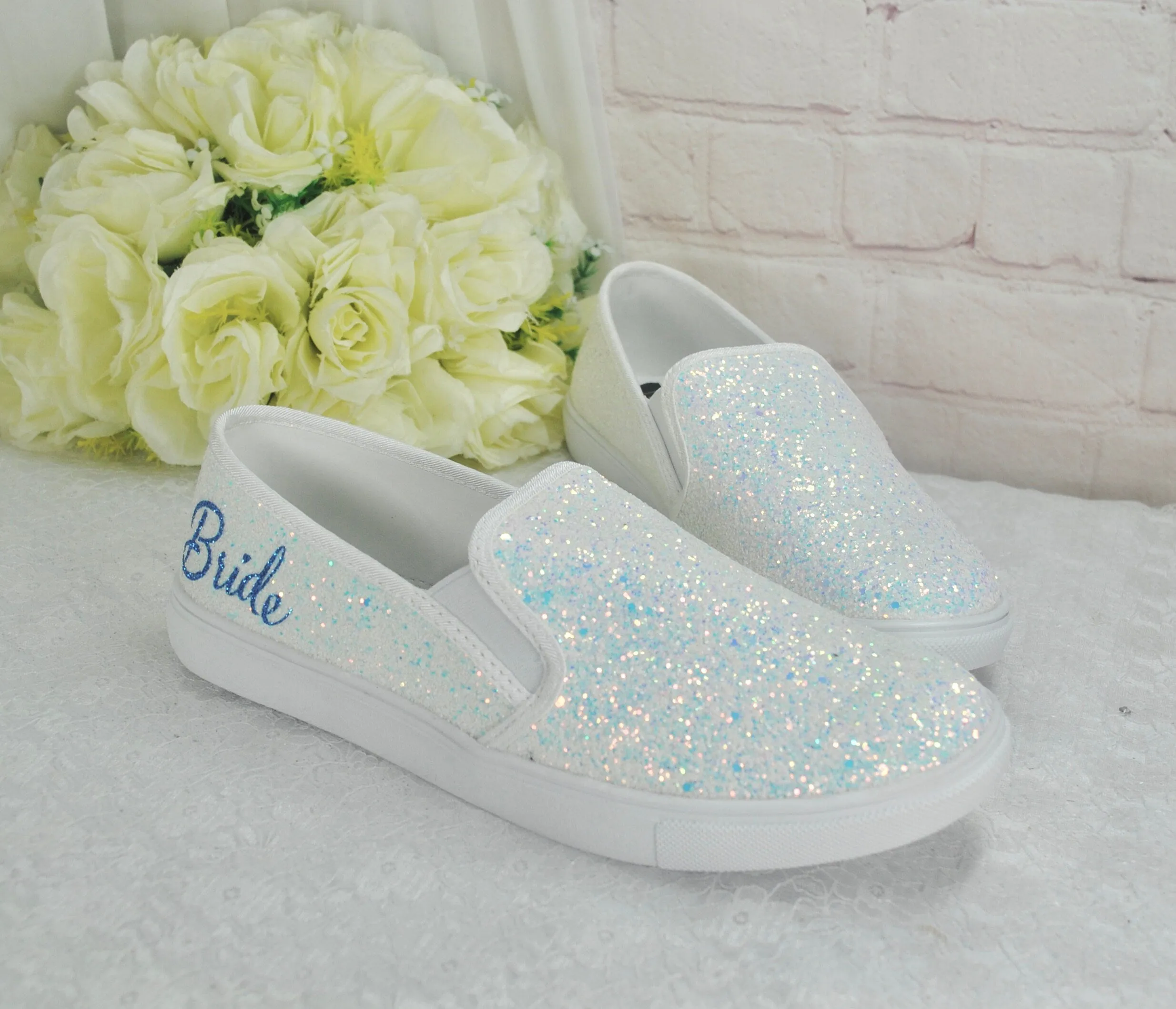 Beautiful White Glitter Bridal Shoes - Flat Wedding Trainers / Sneakers