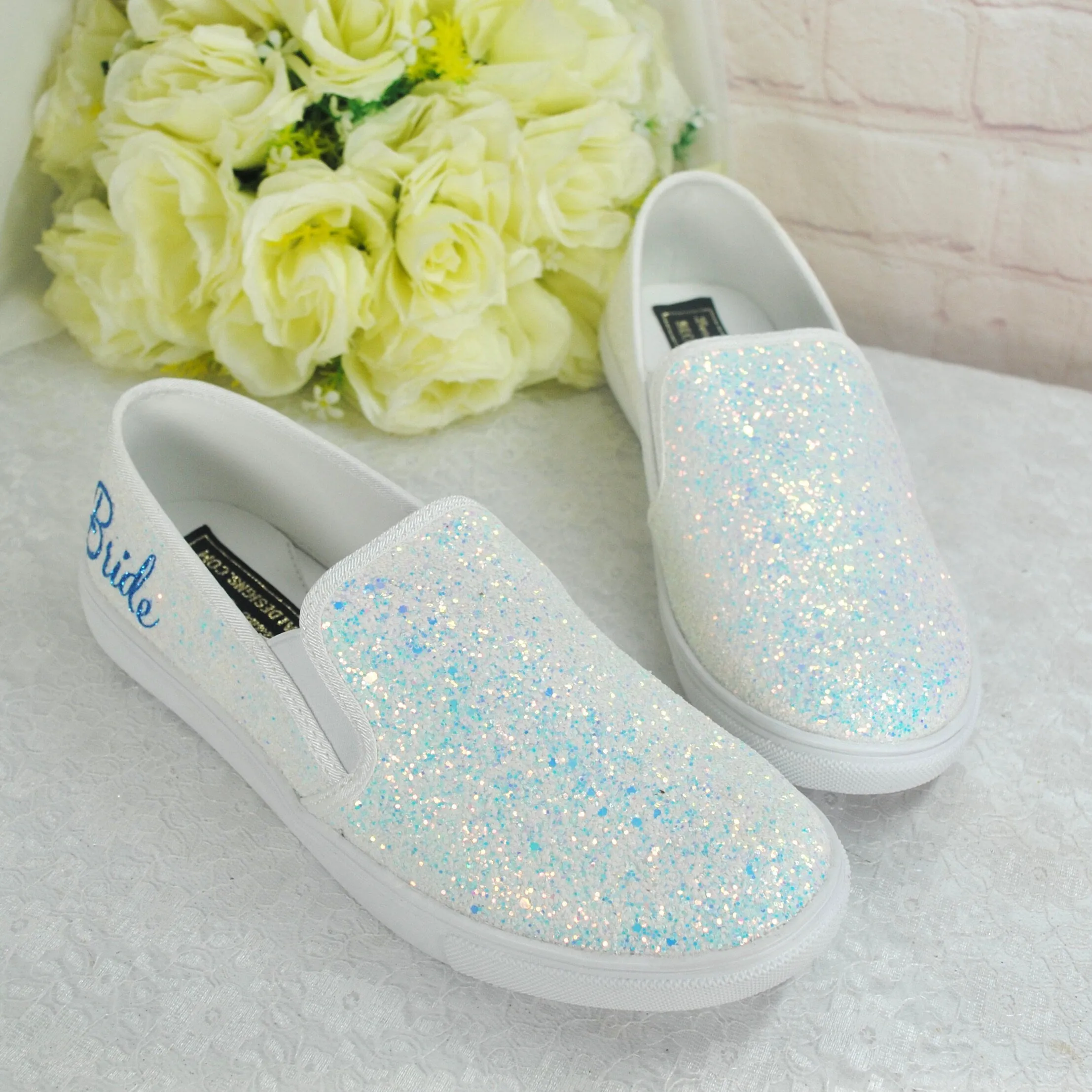 Beautiful White Glitter Bridal Shoes - Flat Wedding Trainers / Sneakers