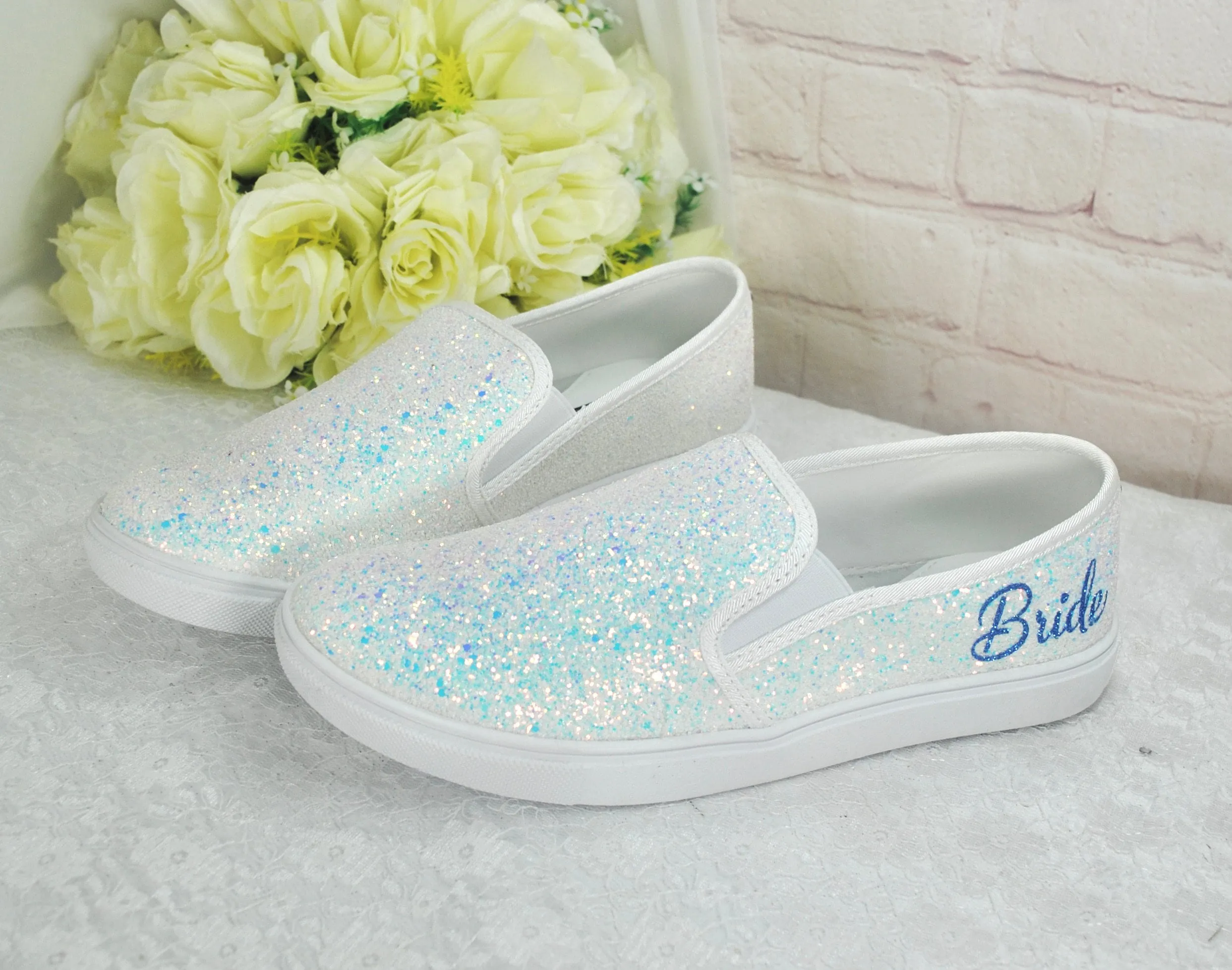 Beautiful White Glitter Bridal Shoes - Flat Wedding Trainers / Sneakers