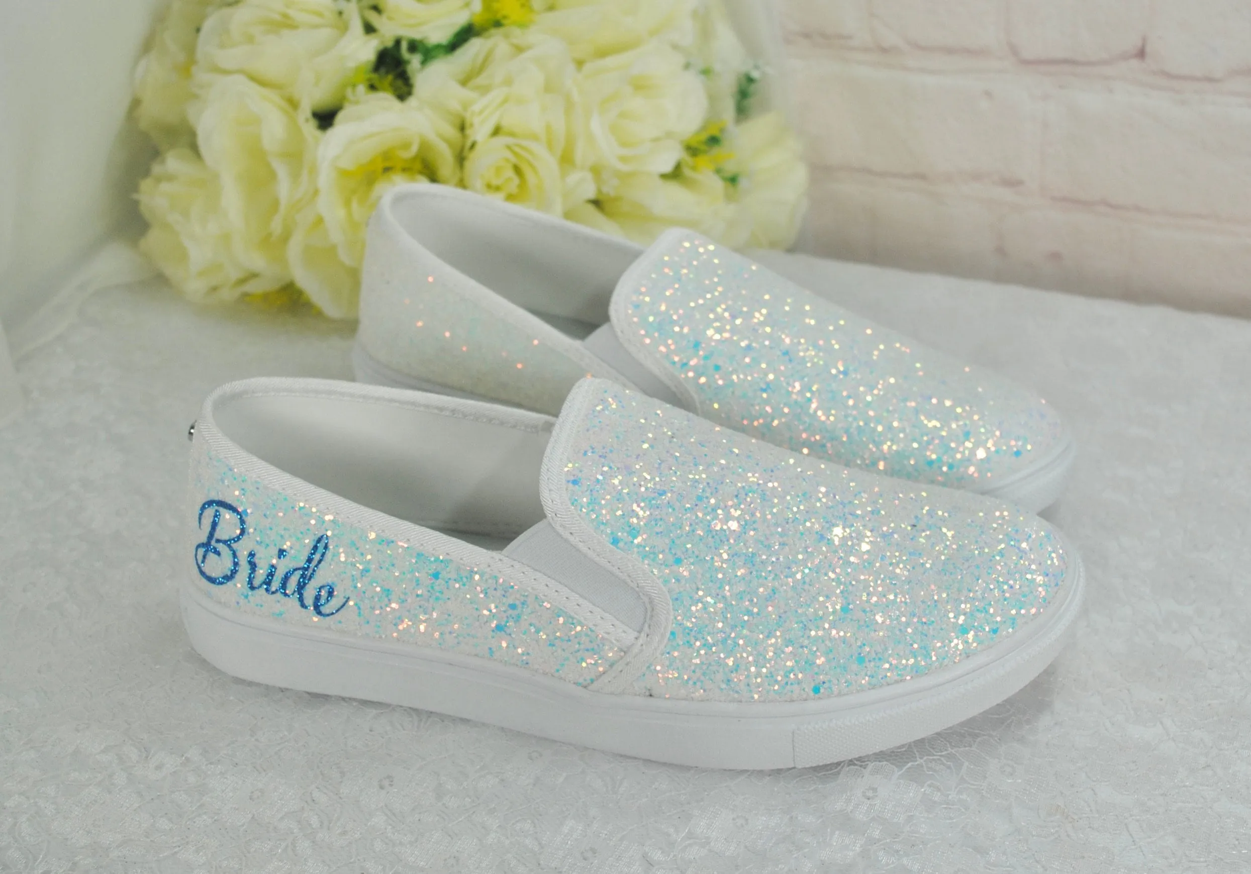 Beautiful White Glitter Bridal Shoes - Flat Wedding Trainers / Sneakers