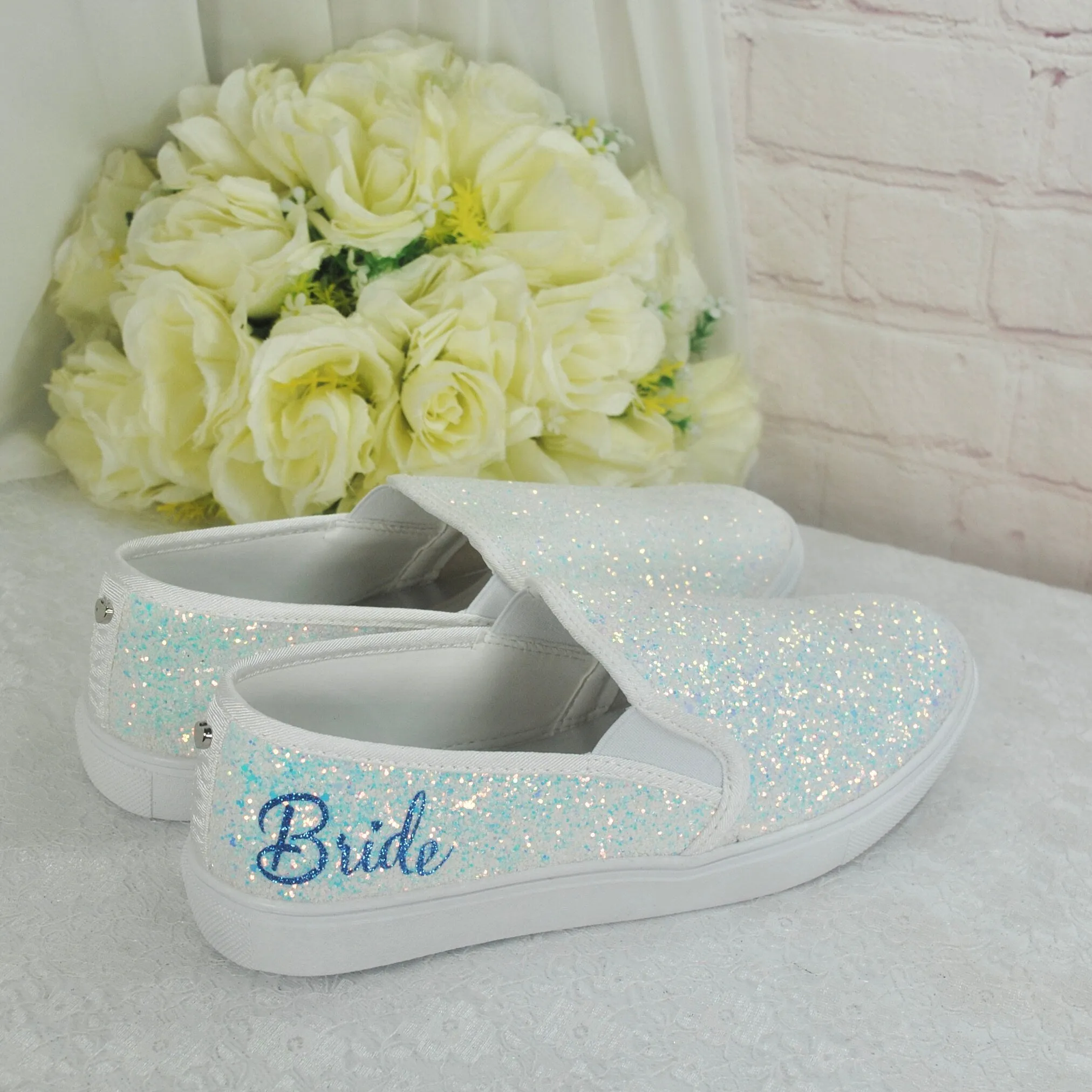 Beautiful White Glitter Bridal Shoes - Flat Wedding Trainers / Sneakers