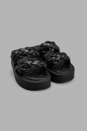 Black Plaited Platform Mule