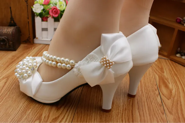 Bling Bridal Bow Tie pearl chain crystal bridal wedding shoes