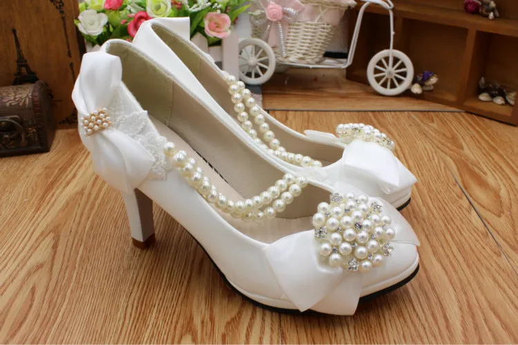 Bling Bridal Bow Tie pearl chain crystal bridal wedding shoes