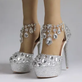 Bling Crystal Wedding Shoes ankle strap Bridal heels