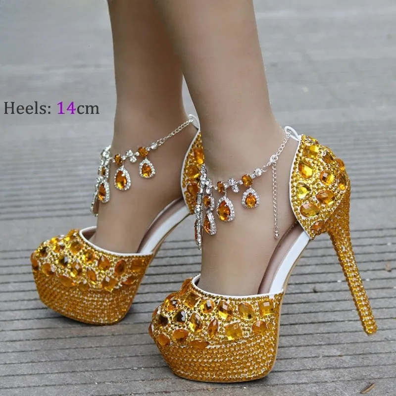 Bling Crystal Wedding Shoes ankle strap Bridal heels