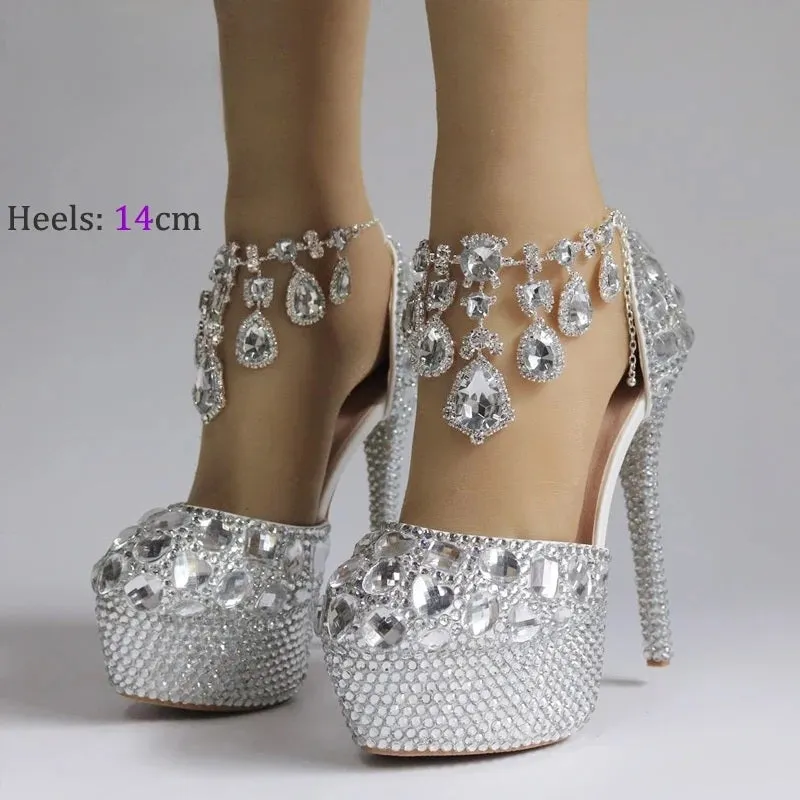 Bling Crystal Wedding Shoes ankle strap Bridal heels