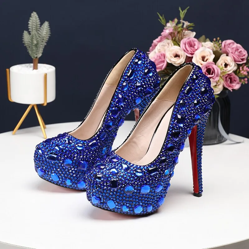 Bling crystal Wedding  shoes Closed toe women's high heels