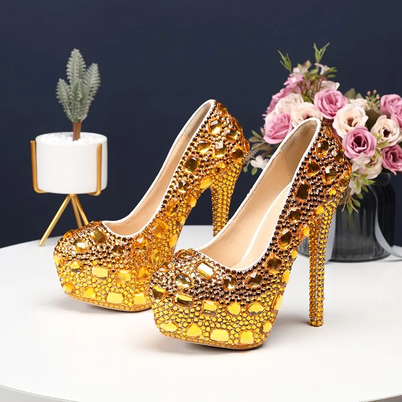 Bling crystal Wedding  shoes Closed toe women's high heels