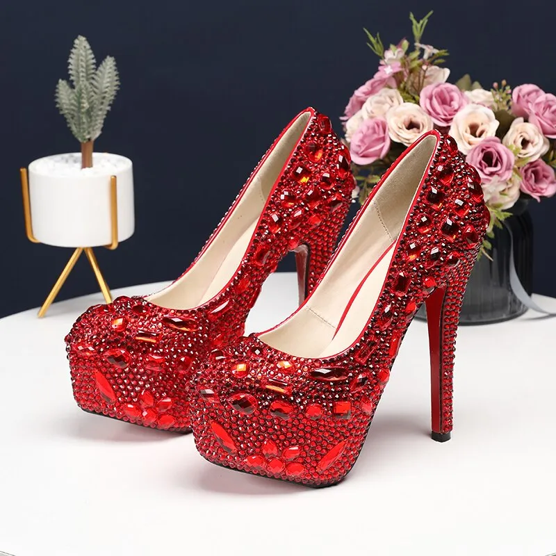Bling crystal Wedding  shoes Closed toe women's high heels