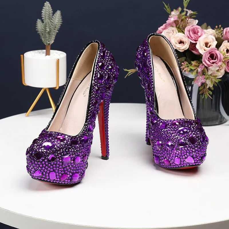 Bling crystal Wedding  shoes Closed toe women's high heels