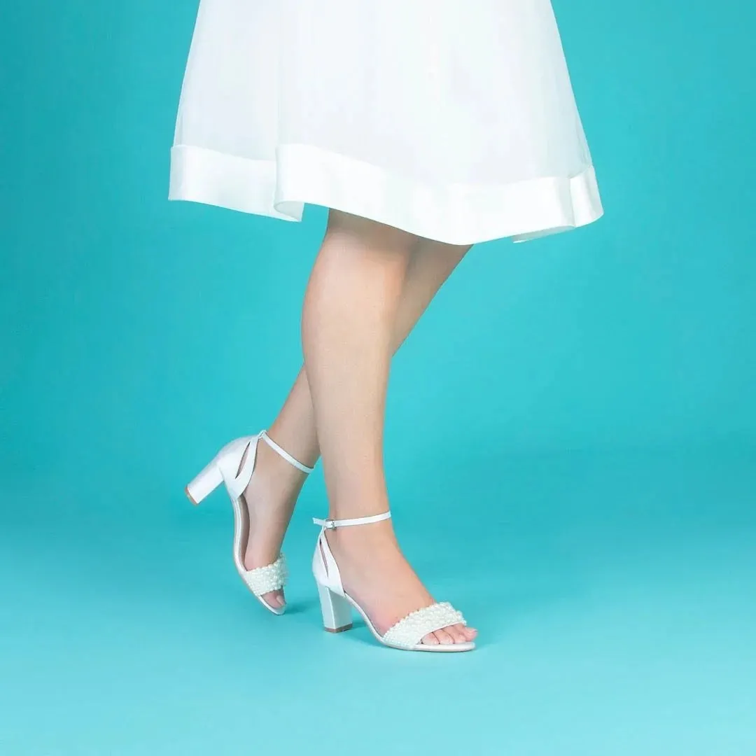 Block Heel Bridal Sandal, Ivory Satin, Pearl Embellishment, By Perfect Bridal, Carrie