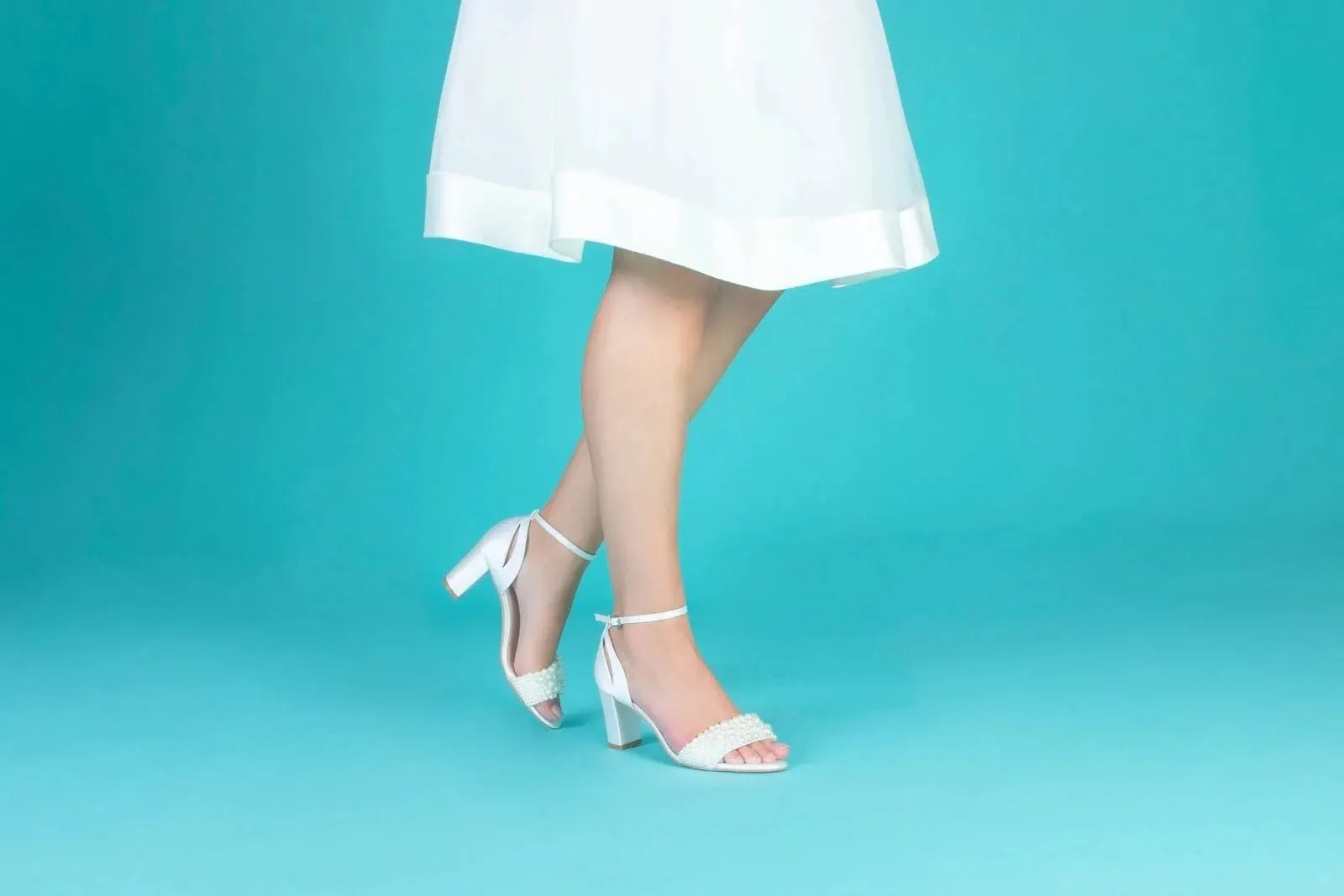 Block Heel Bridal Sandal, Ivory Satin, Pearl Embellishment, By Perfect Bridal, Carrie