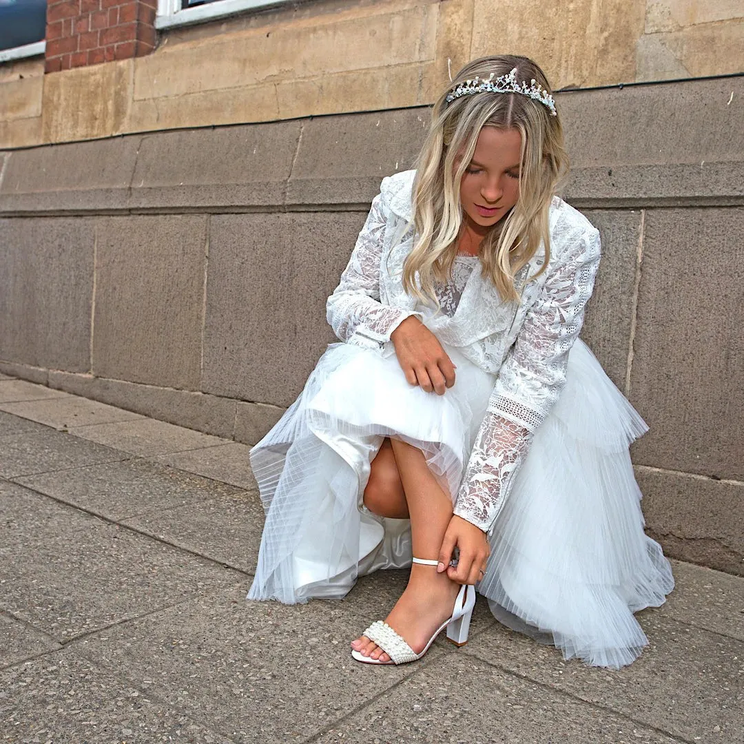 Block Heel Bridal Sandal, Ivory Satin, Pearl Embellishment, By Perfect Bridal, Carrie
