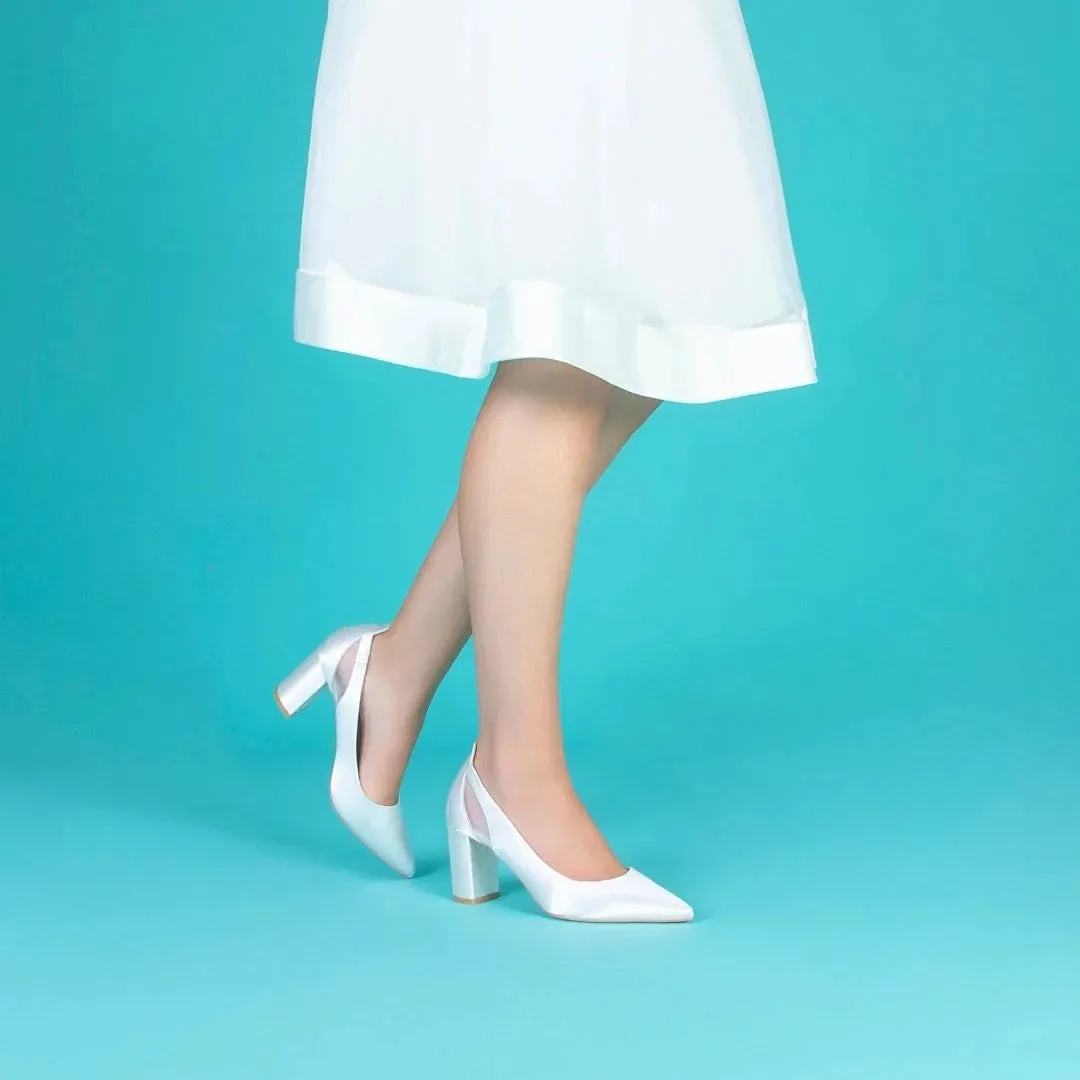 Block Heel Wedding Shoe, Ivory Satin, By Perfect Bridal, Layla