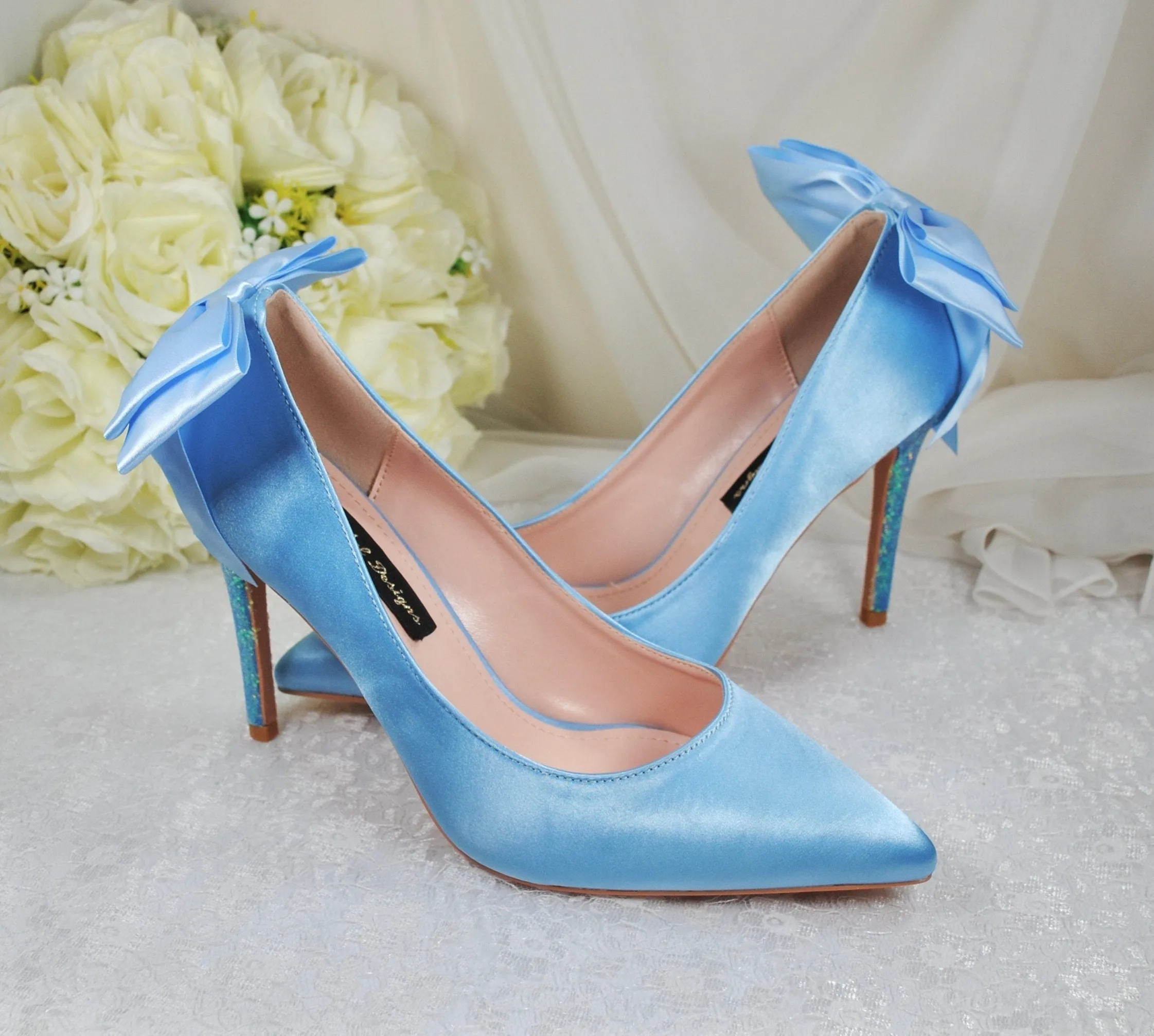 Blue Satin Wedding Shoes with Bridal Bow Size UK6.5/US9