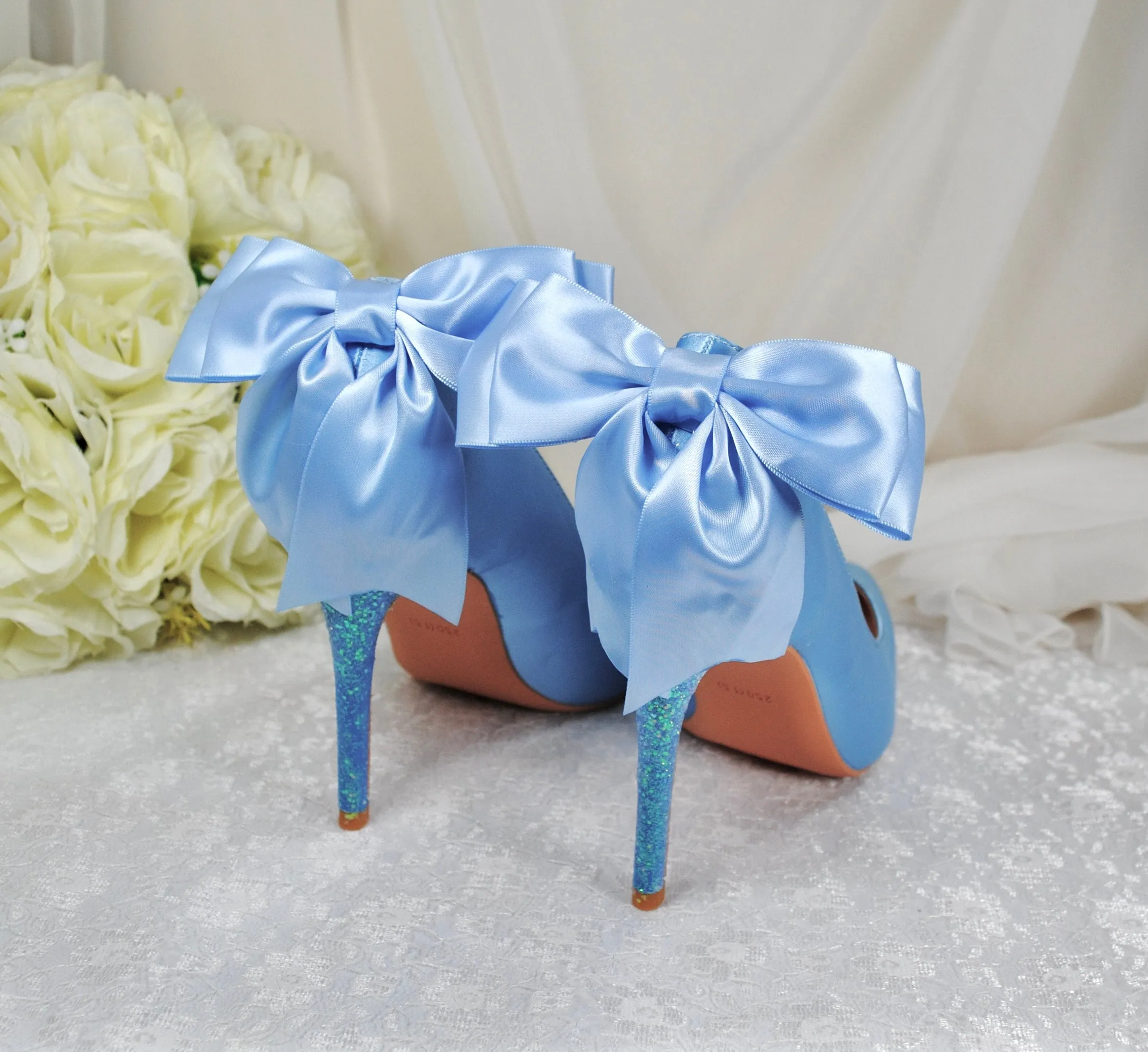 Blue Satin Wedding Shoes with Bridal Bow Size UK6.5/US9