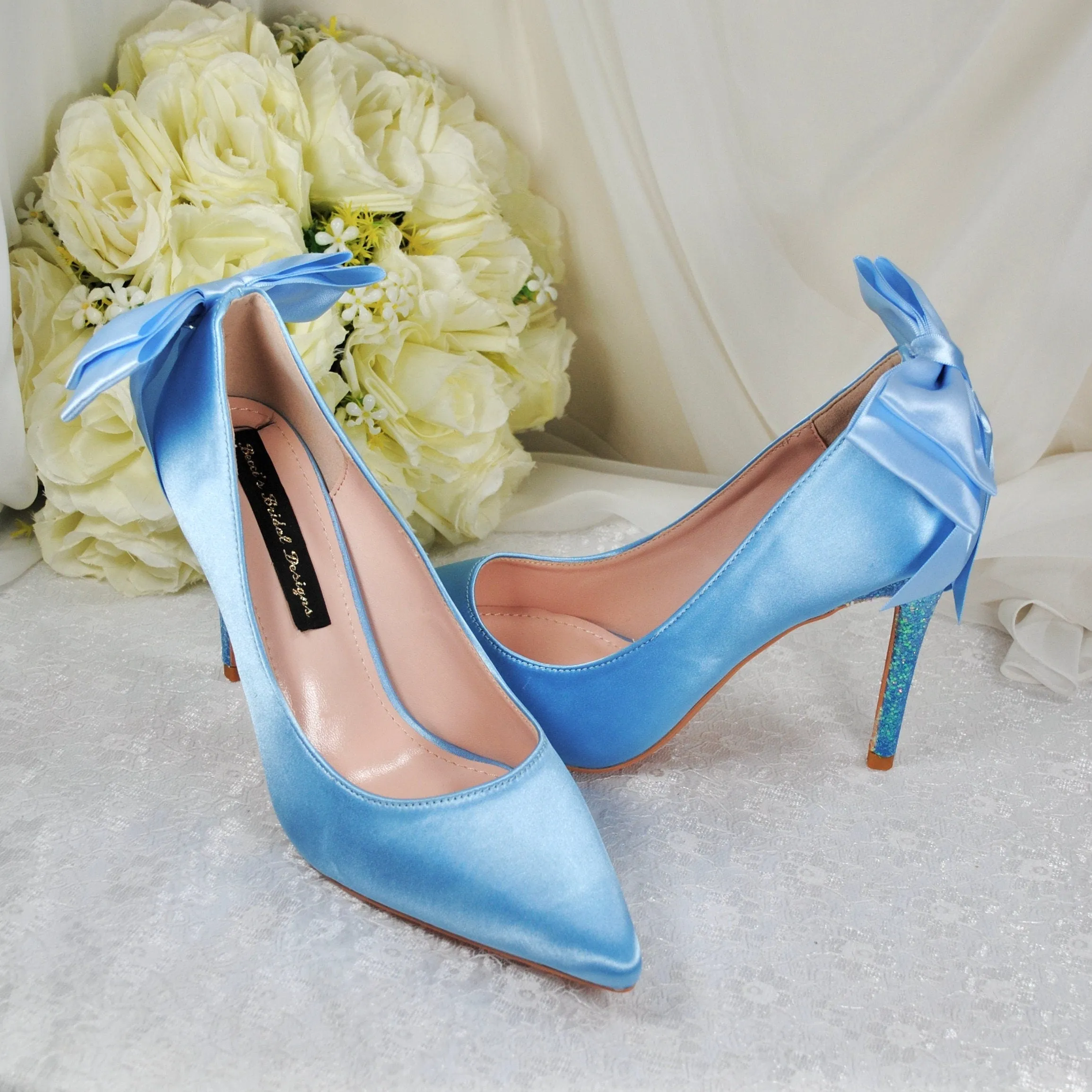 Blue Satin Wedding Shoes with Bridal Bow Size UK6.5/US9