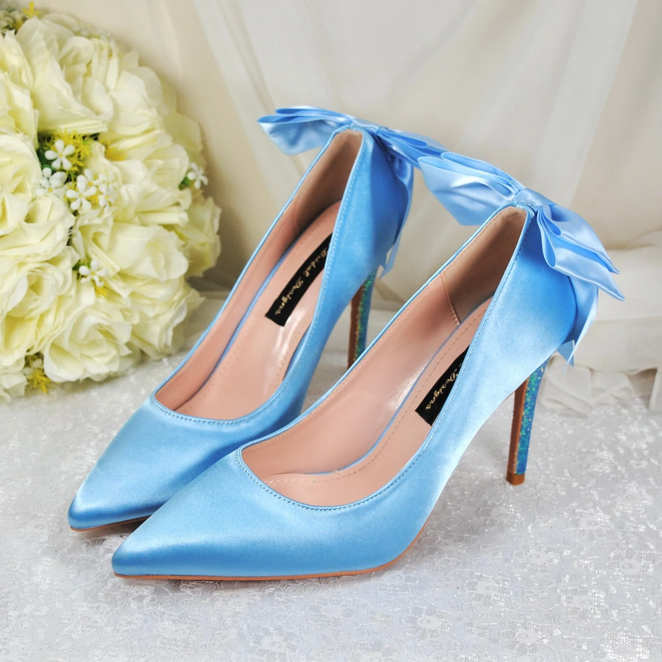 Blue Satin Wedding Shoes with Bridal Bow Size UK6.5/US9