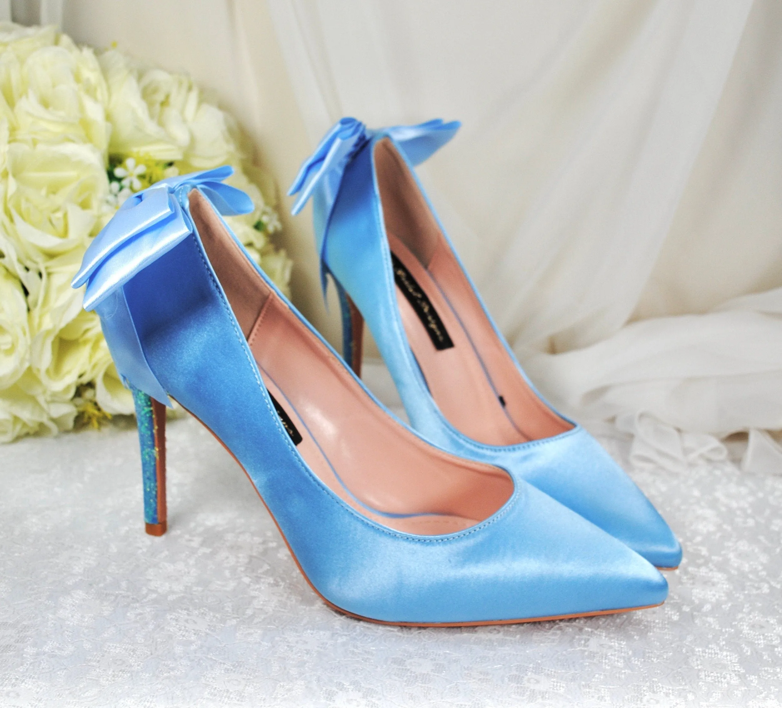 Blue Satin Wedding Shoes with Bridal Bow Size UK6.5/US9