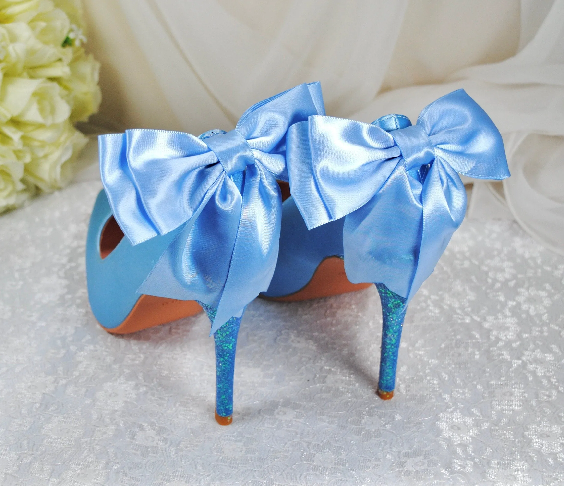 Blue Satin Wedding Shoes with Bridal Bow Size UK6.5/US9