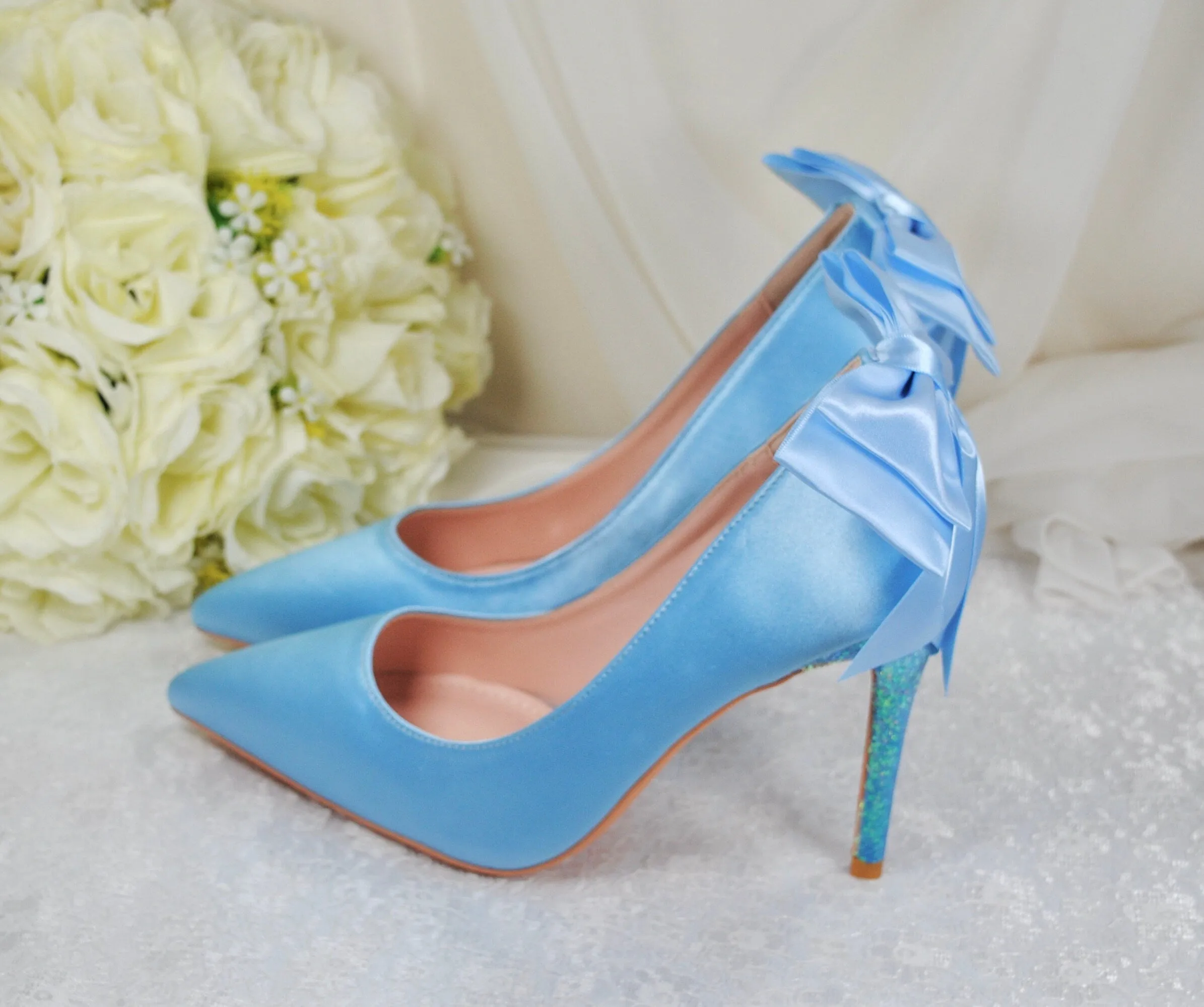 Blue Satin Wedding Shoes with Bridal Bow Size UK6.5/US9