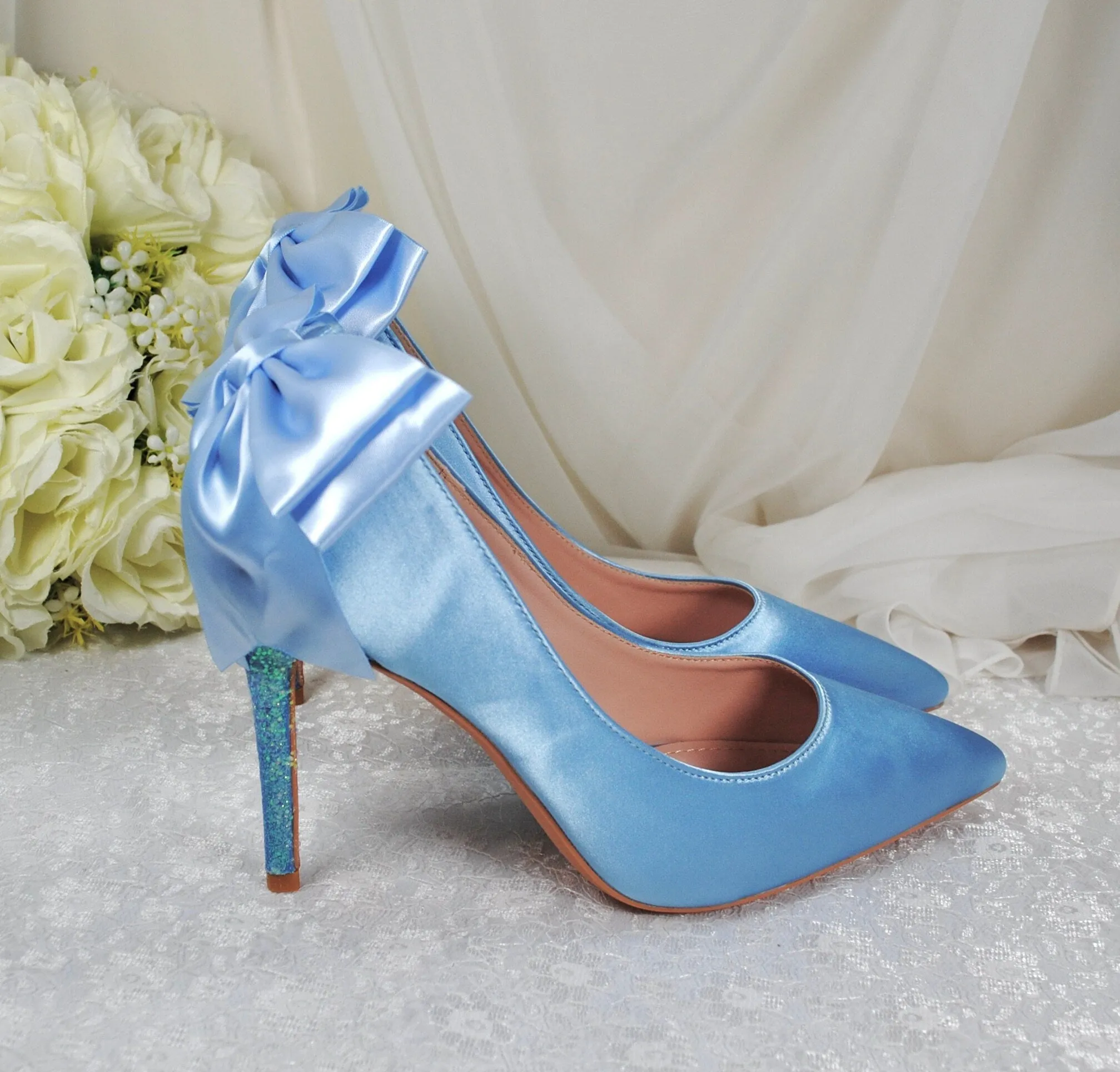 Blue Satin Wedding Shoes with Bridal Bow Size UK6.5/US9