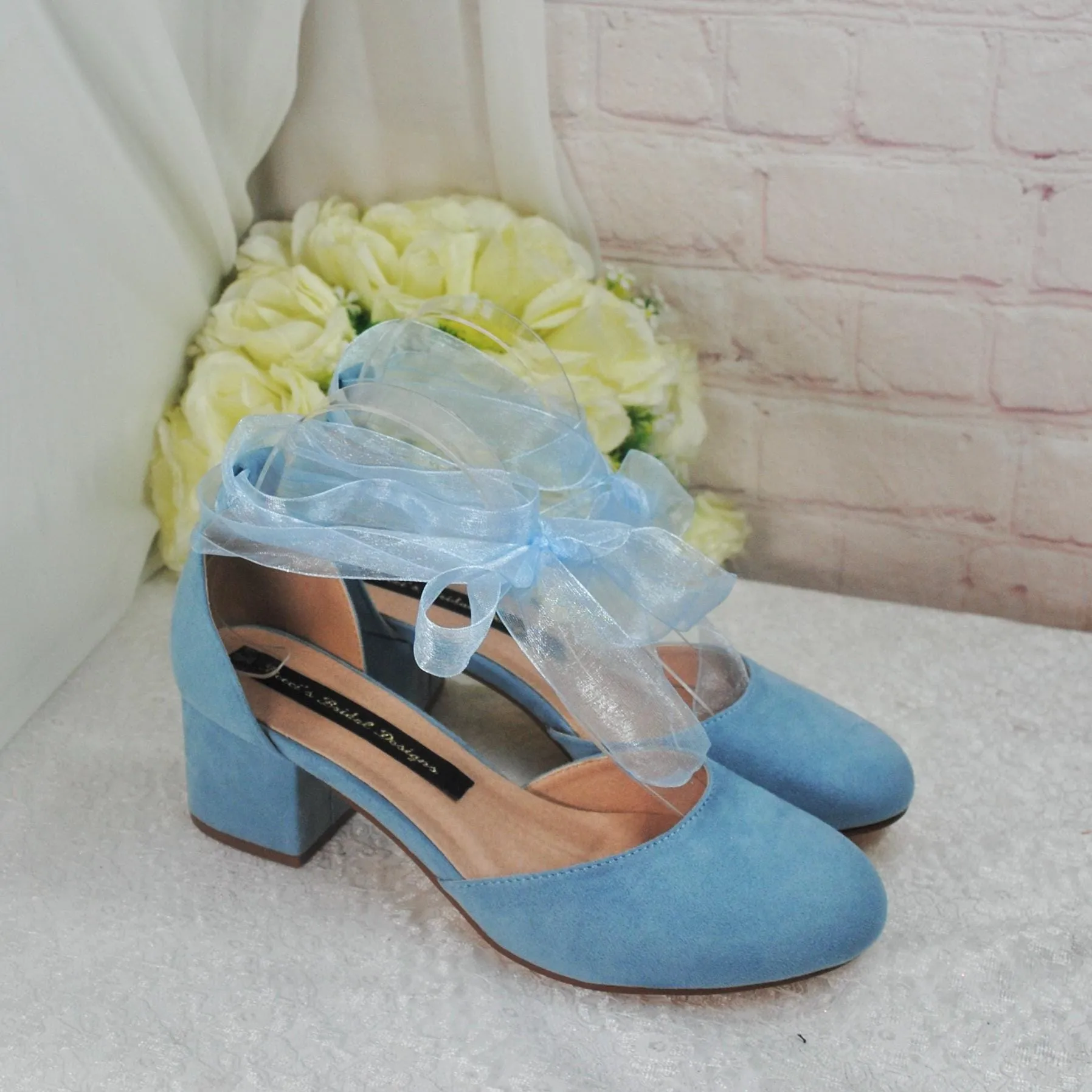 Blue Suede Low Heel Bridal Sandals, Wedding Shoes with Ankle Strap, Bridal Shoes with Block Heel