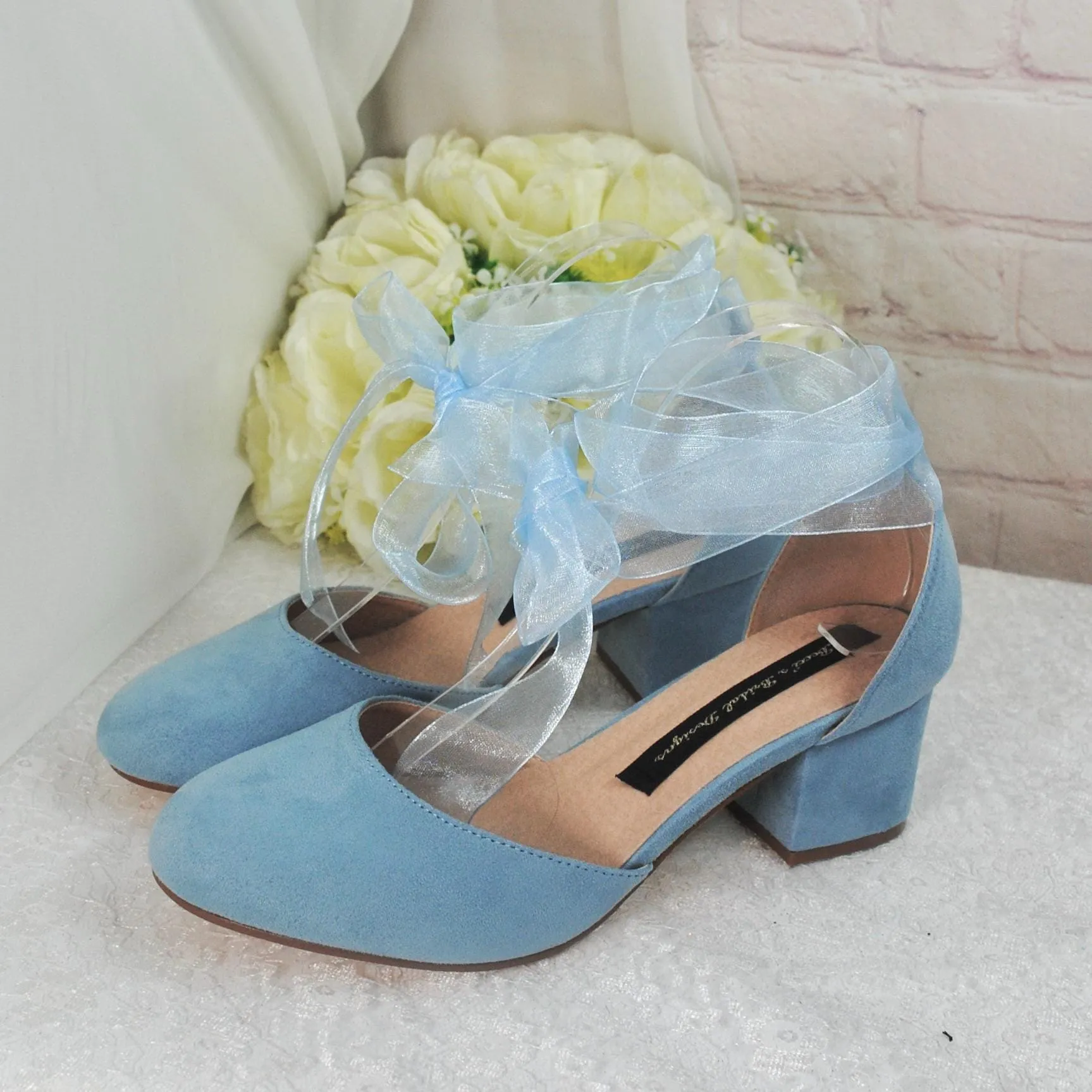 Blue Suede Low Heel Bridal Sandals, Wedding Shoes with Ankle Strap, Bridal Shoes with Block Heel